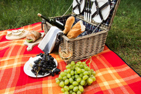 Picnic concept - food and wine on the blanketの写真素材