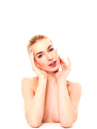Beautiful model girl with perfect fresh clean skin. Youth and skin care concept.の写真素材