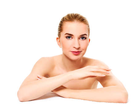 Beautiful model girl with perfect fresh clean skin. Youth and skin care concept.の写真素材