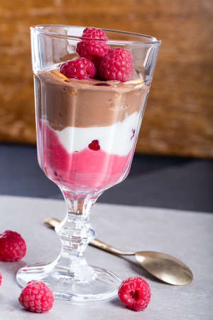 Glass of chocolate and rapsberry dessert.の写真素材