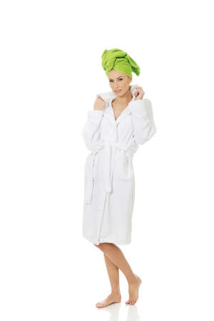 Spa woman in bathrobe and turban.の写真素材