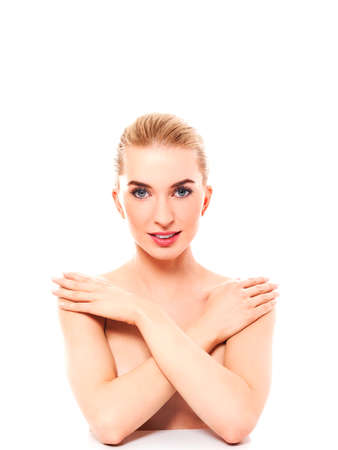 Beautiful model girl with perfect fresh clean skin. Youth and skin care concept.の写真素材