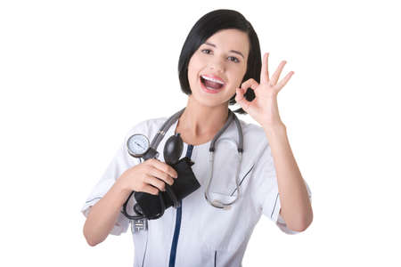 Woman doctor with pressure gaugeの写真素材
