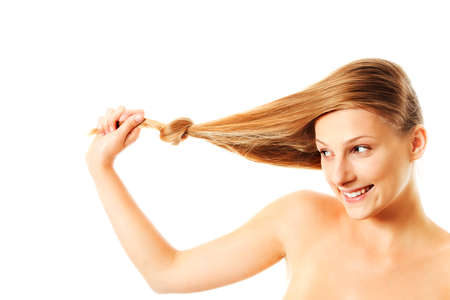 Girl with long blond human hair.の写真素材