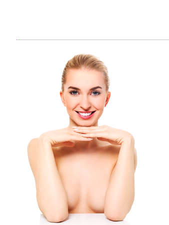 Beautiful model girl with perfect fresh clean skin. Youth and skin care concept.の写真素材
