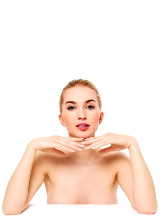 Beautiful model girl with perfect fresh clean skin. Youth and skin care concept.の写真素材