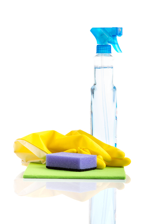 Photo of house cleaning materials. Items include sponge, rubber glovesの写真素材