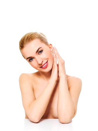 Beautiful model girl with perfect fresh clean skin. Youth and skin care concept.の写真素材