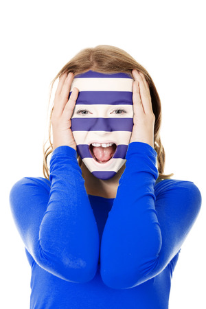 Woman with greece flag on face.の写真素材