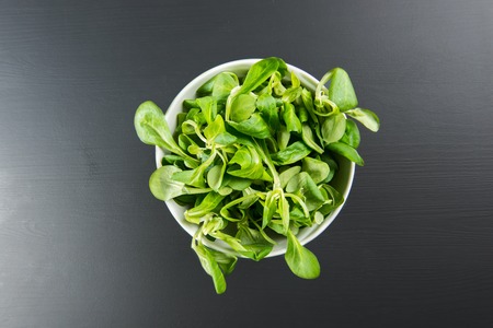 Bowl with fresh lamb's lettuce.の写真素材
