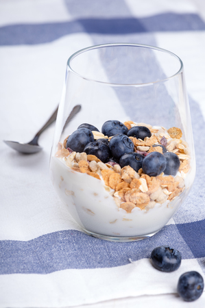 Dietetic breakfast - yoghurt with muesli and huckleberries.の写真素材
