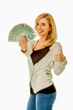 Woman with cash fanの写真素材