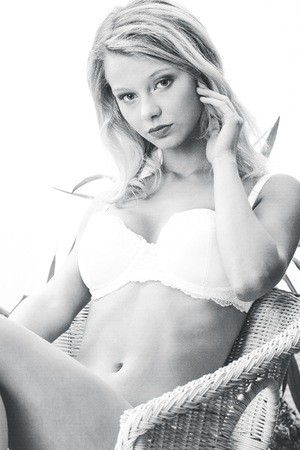 Woman in lingerie - black and whiteの写真素材