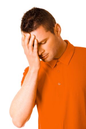 Man with headache on whiteの写真素材