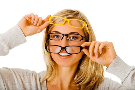 Woman trying on glassesの写真素材
