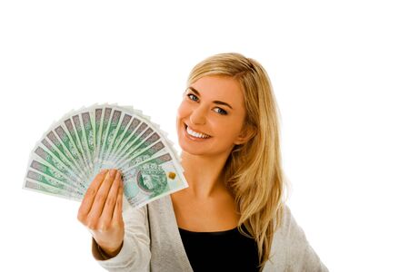Winner woman with Polish currencyの写真素材