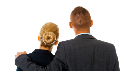 Back view of business people standing on white background and looking forward. Copy space.の写真素材