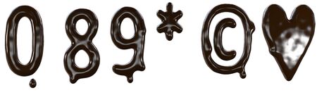 Chocolate font food type for sweet design. 3d render of numbers and signs made from delicious dark chocolate.の写真素材
