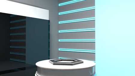 Empty futuristic scientific pedestal. 3d render of abstract clinical lab for biotechnology or chemistry experiment. Blank podium for pharmaceutical product.の写真素材