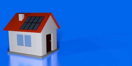Real estate agent header or flyer mock up. Smal house model with solar panels on roof against blue background. 3d render illustration.の写真素材