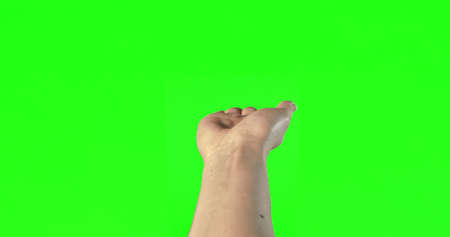 Female hand gestures on green screen: open handの写真素材