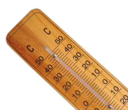 Wooden thermometer shows the temperature of the day