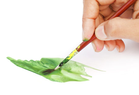Artist painting with brush  over white backgroundの写真素材