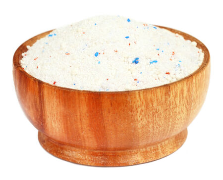 Detergent powder in a wooden bowlの写真素材
