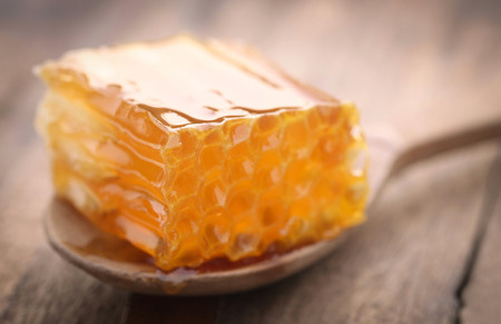 Closeup of honeycomb in a wooden spoonの写真素材