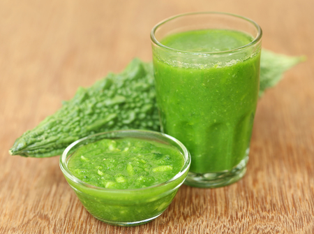 Herbal juice of green momodica with green vegetableの写真素材