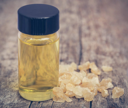 Frankincense dhoop with essential oil, a natural aromatic resin used in perfumes and incensesの写真素材