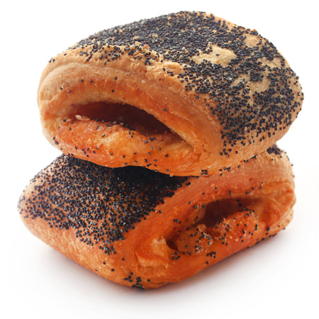 Tebirkes a Danish bread with poppy seeds over white backgroundの写真素材