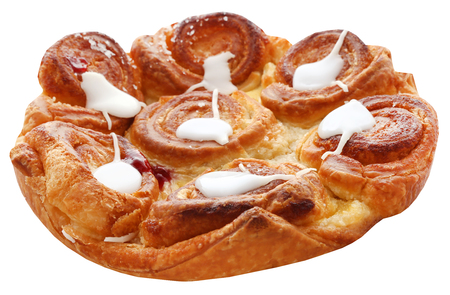 Freshly prepared Danish cheesy pastry over white backgroundの写真素材