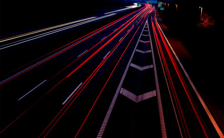 Long exposure of traffic car lights in the motorway of Copenhagen Denmark