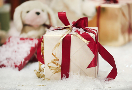 Christmas gift on white snowの写真素材