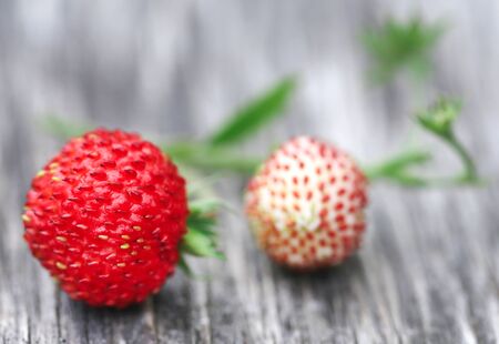 Fresh ripe and green strawberries on wooden surfaceの写真素材