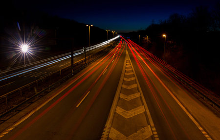 Long exposure of traffic car lights in the motorway of Copenhagen Denmark