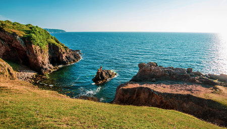 Rocky coastal area around Hammershus Ruins Castle in Bornholm, Denmark