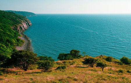 Rocky coastal area around Hammershus Ruins Castle in Bornholm, Denmarkの写真素材
