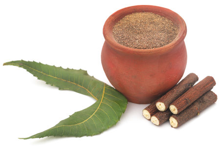 Medicinal neem leaves with powder over white backgroundの写真素材