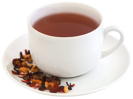 Herbal tea of roselle, rose hips and apple in a cupの写真素材