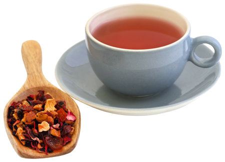 Herbal tea of roselle, rose hips and apple fresh and organicの写真素材