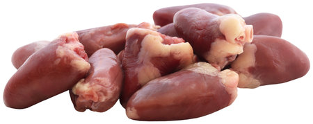 Uncooked chicken heart fresh organic closeup and isolatedの写真素材