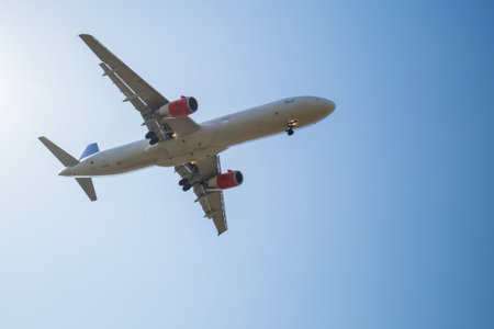 Landing of a commercial aircraft at Copenhagen Airportの写真素材