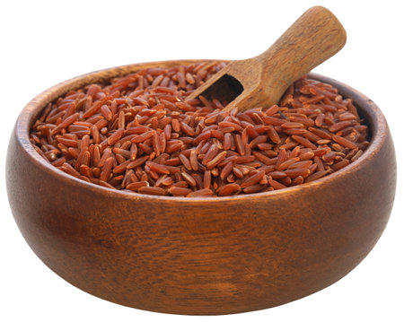 Red Jasmine rice in a wooden bowlの写真素材