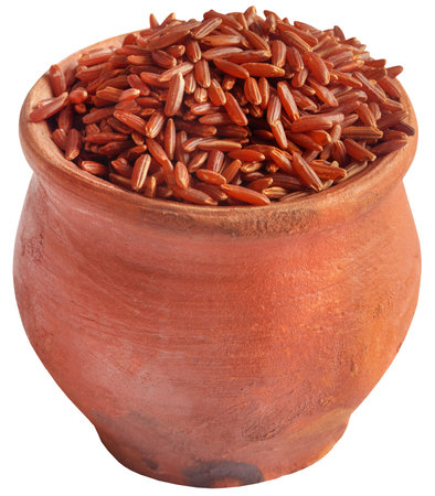 Red Jasmine rice in a clay potteryの写真素材