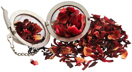 Roselle tea with strainer isolatedの写真素材