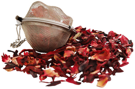 Roselle tea with strainer isolatedの写真素材