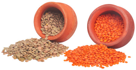Green and red lentils in potteryの写真素材