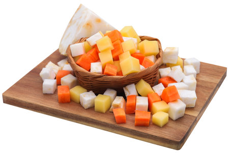 Celery root with piece of potato and carrot for soup preparationの写真素材
